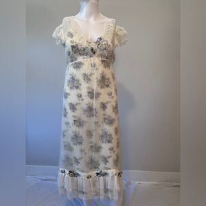 Ivory Floral Lace-Trim Maxi Dress with Blue Accents
